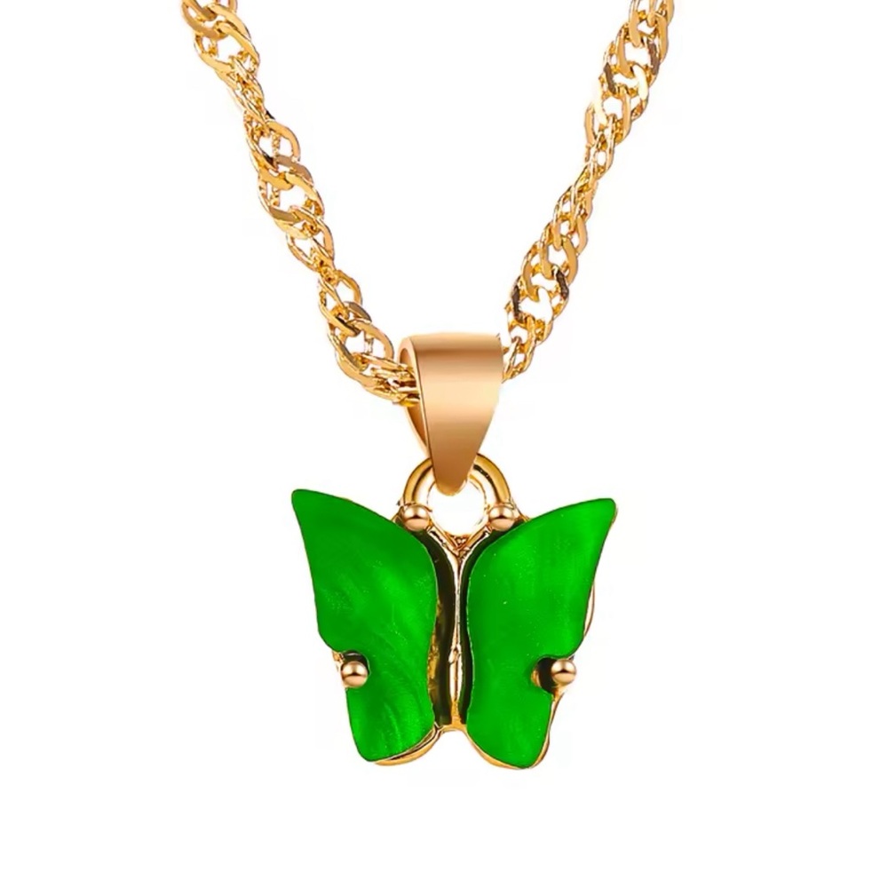 Green Butterfly Pendant Gold Coloured Stainless Steel Chain Necklace